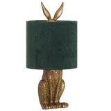 Gold Hare Sculpture Vintage Table Lamp with Green Velvet Shade