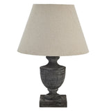 Dark Grey Washed Wood Vintage Rustic Urn Column Table Lamp with Linen Fabric Shade