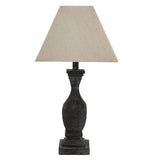 Dark Grey Washed Wood Vintage Rustic Fluted Urn Column Table Lamp with Linen Fabric Shade
