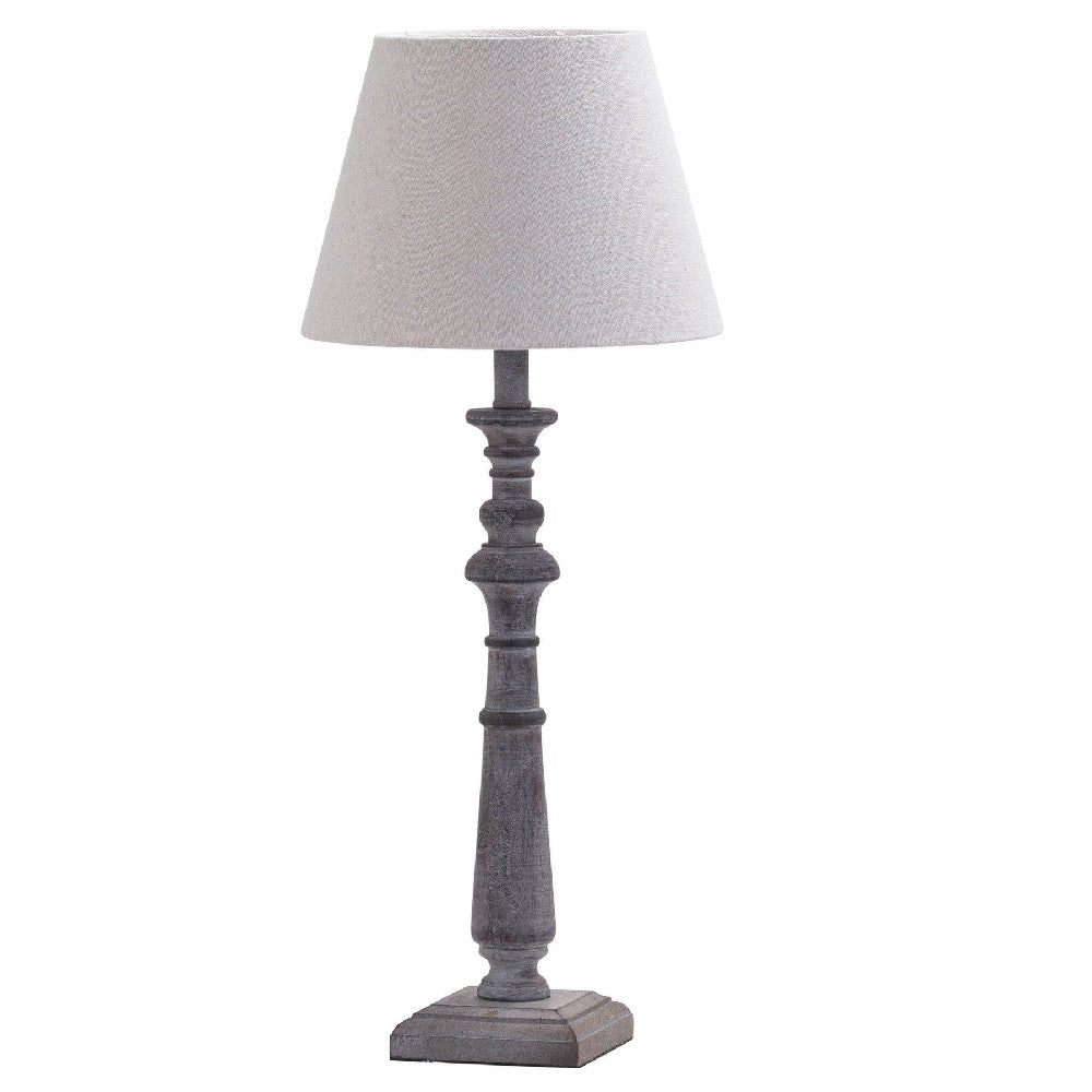 Grey Washed Wood Vintage Rustic Column Table Lamp with Linen Fabric Shade