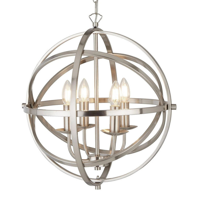 Satin Chrome Metal Banded Sphere Vintage 4 Lamp Pendant Light 45cm