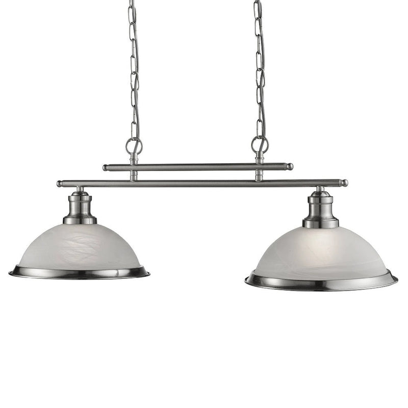 Satin Chrome & Alabaster Glass Vintage Dome 2 Lamp Bar Pendant 76cm