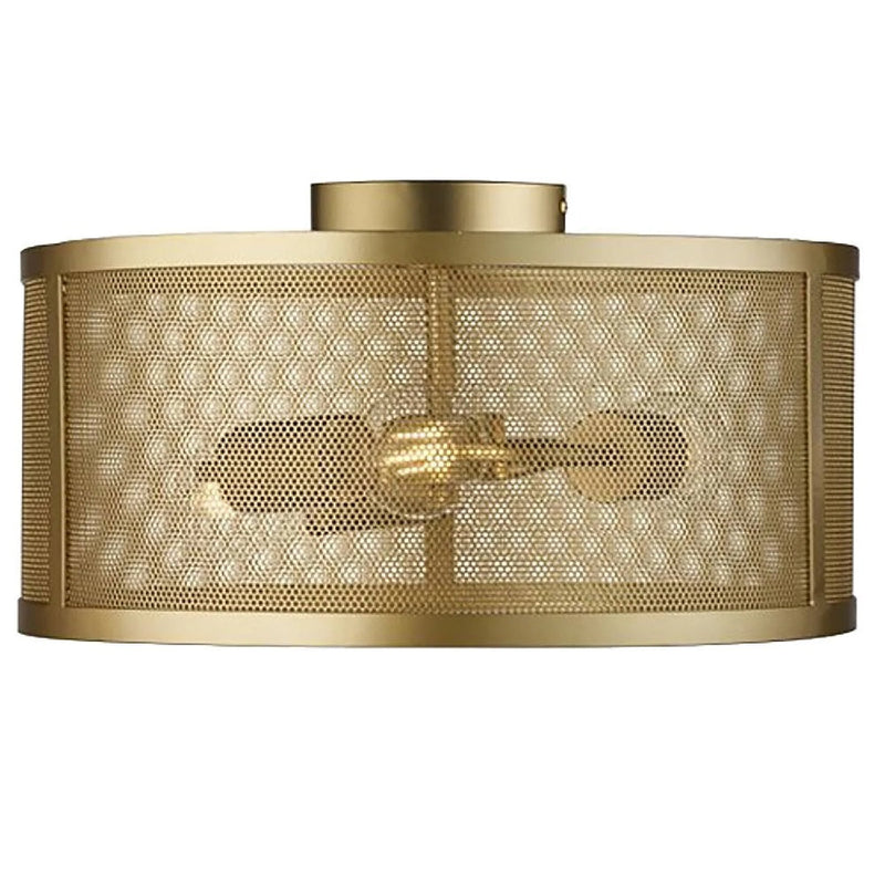 Matt Gold Round Mesh Cage Vintage 3 Lamp Drum Flush Light 45cm