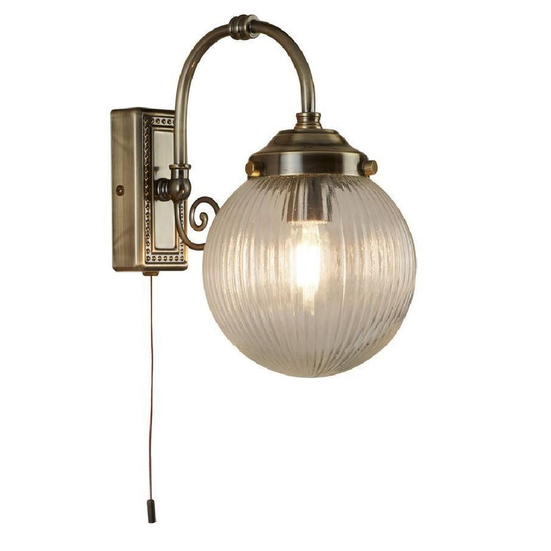 Antique Brass & Cleared Ribbed Glass Bathroom Vintage Switched Wall Light