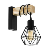 Black & Real Wood Wall Light with Cage Wire Shade | Eglo 43135