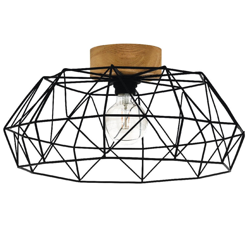 Matt Black & Real Wood Vintage Metal Bird Cage Dome Flush Ceiling Light 