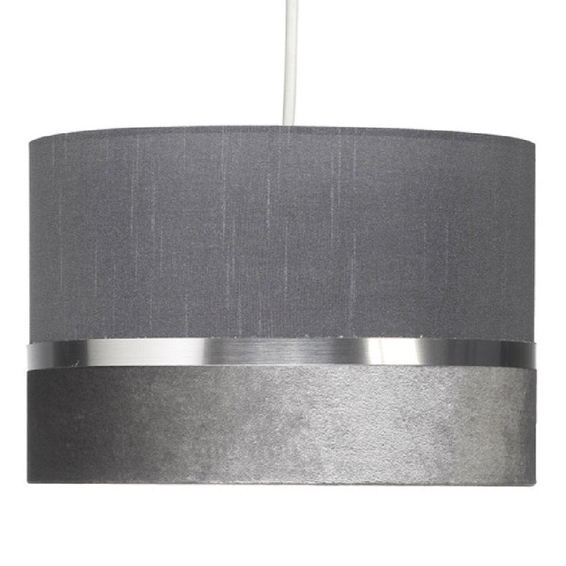 Grey Velvet & Fabric Drum Pendant Shade with Gold Metallic Band 30cm