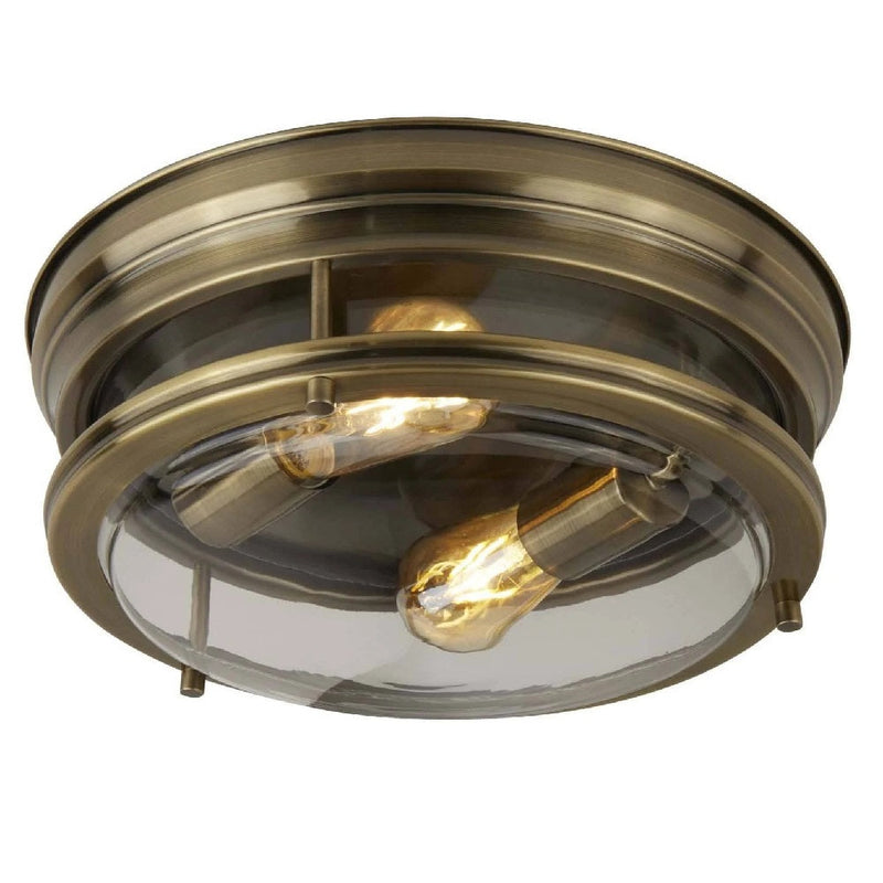 Antique Brass & Clear Glass Bathroom Vintage Round 2 Lamp Flush Light 35cm