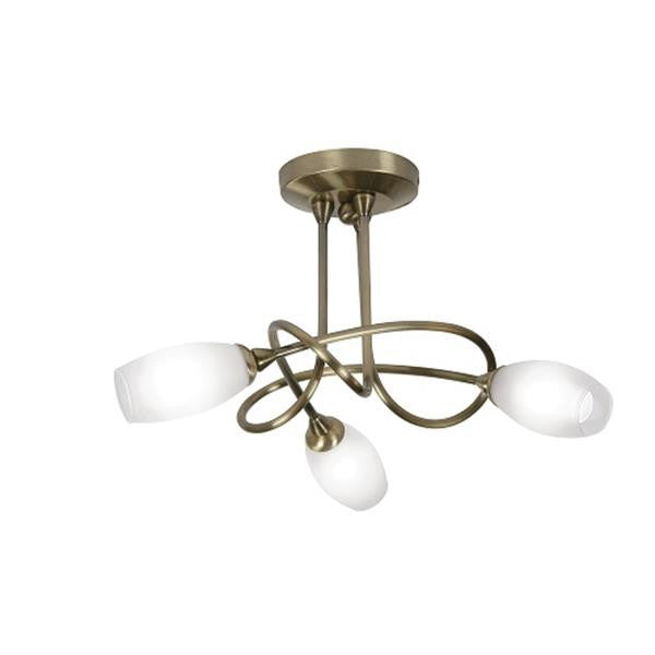 Antique Brass 3 Lamp Semi Flush with Opaque Glass Shades