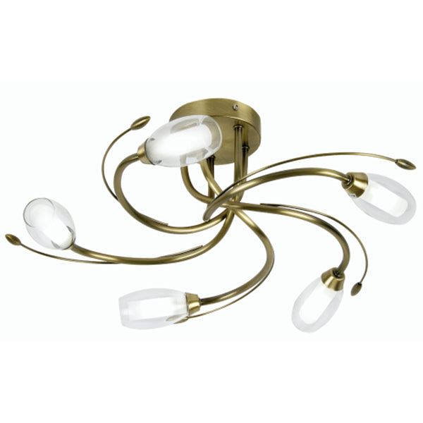 Antique Brass 5 Lamp Swirl Semi Flush with Glass Shades