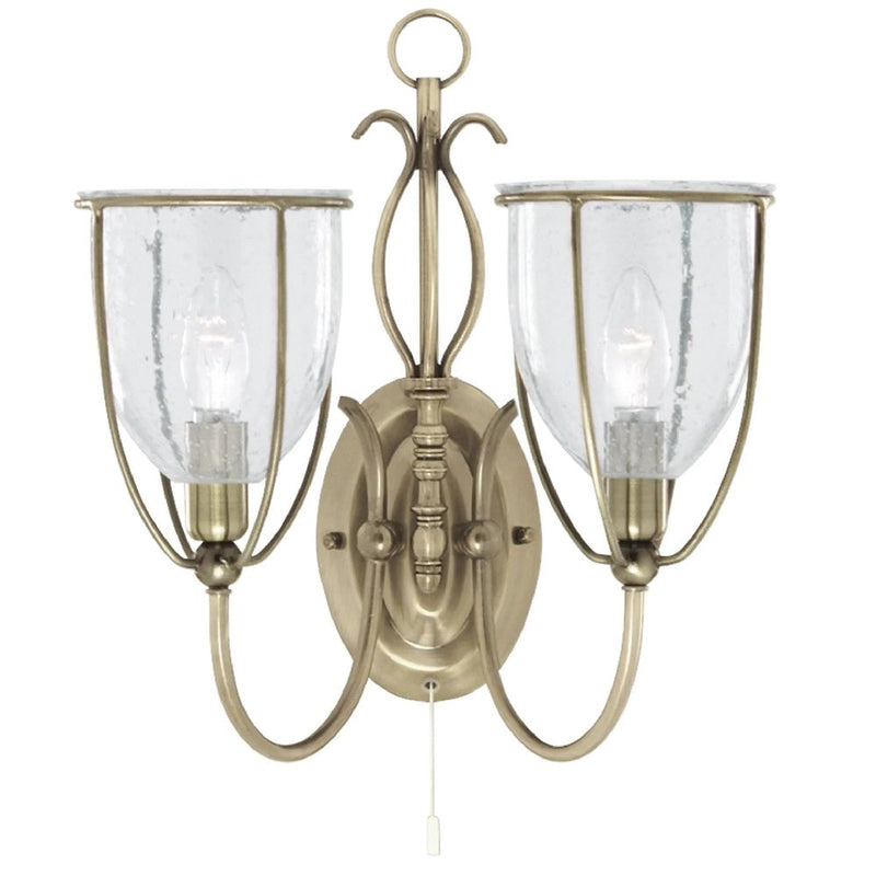 Antique Brass & Clear Seeded Glass Vintage 2 Lamp Wall Light 36cm