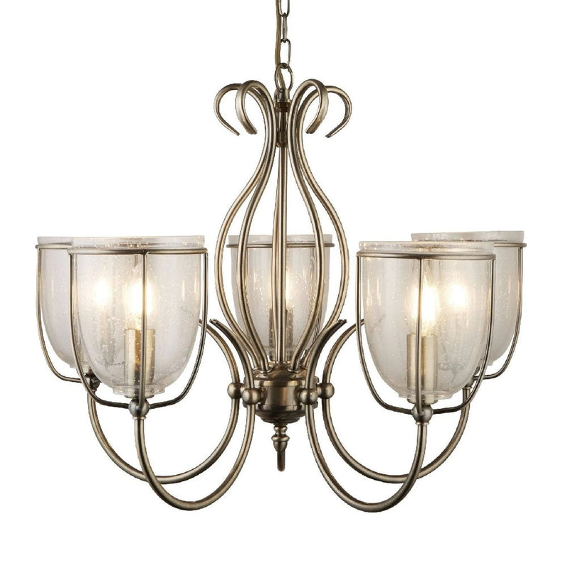 Antique Brass & Clear Seeded Glass Vintage 5 Lamp Pendant Light 52cm