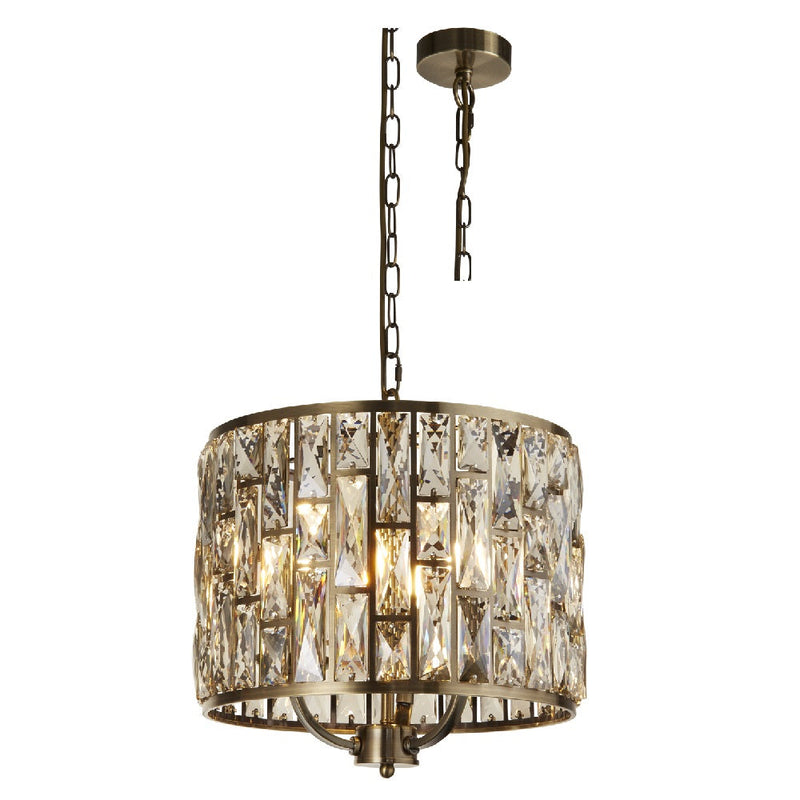Antique Brass & Champagne Crystal Glass Vintage 3 Lamp Drum Pendant Light 38cm