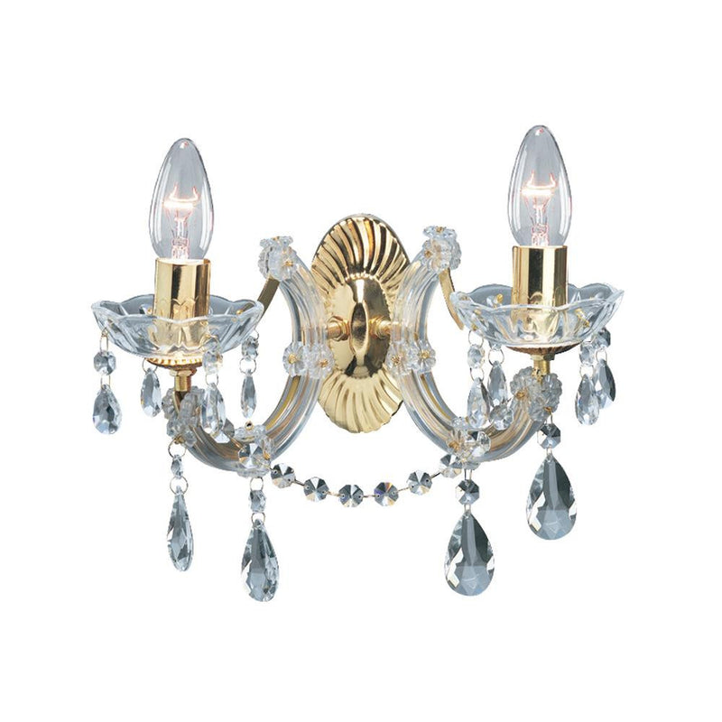 Polished Brass Vintage 2 Lamp Wall Light with Crystal Acrylic Beads 320mm