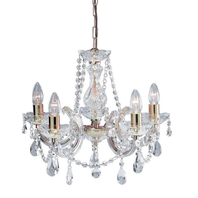 Polished Brass 5 Lamp Crystal Chandelier Pendant Light 480mm