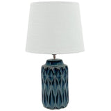 Blue Geometric Ceramic Vintage Cylinder Table Lamp with White Linen Shade 46cm