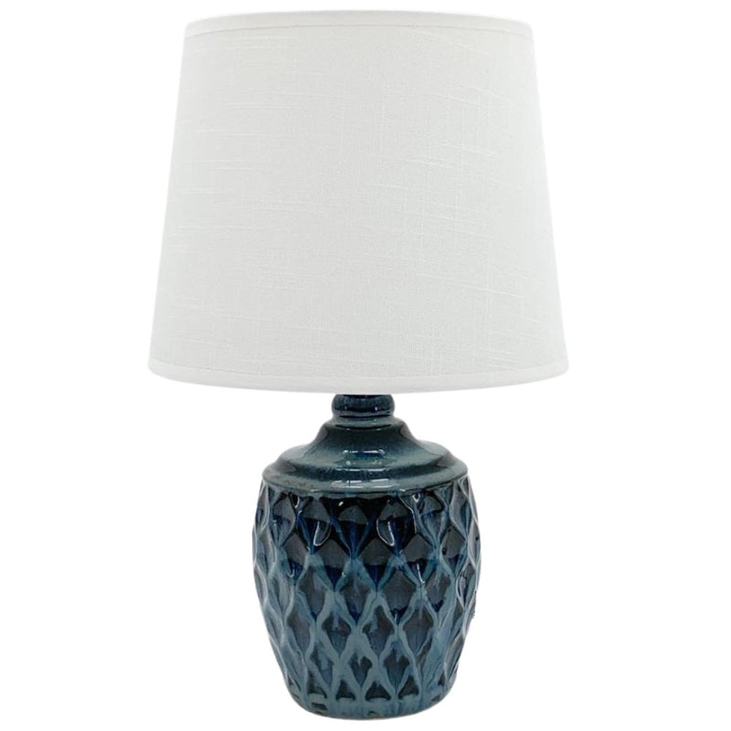 Blue Geometric Ceramic Vintage Urn Table Lamp with White Linen Shade 42cm