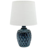 Blue Geometric Ceramic Vintage Urn Table Lamp with White Linen Shade 42cm