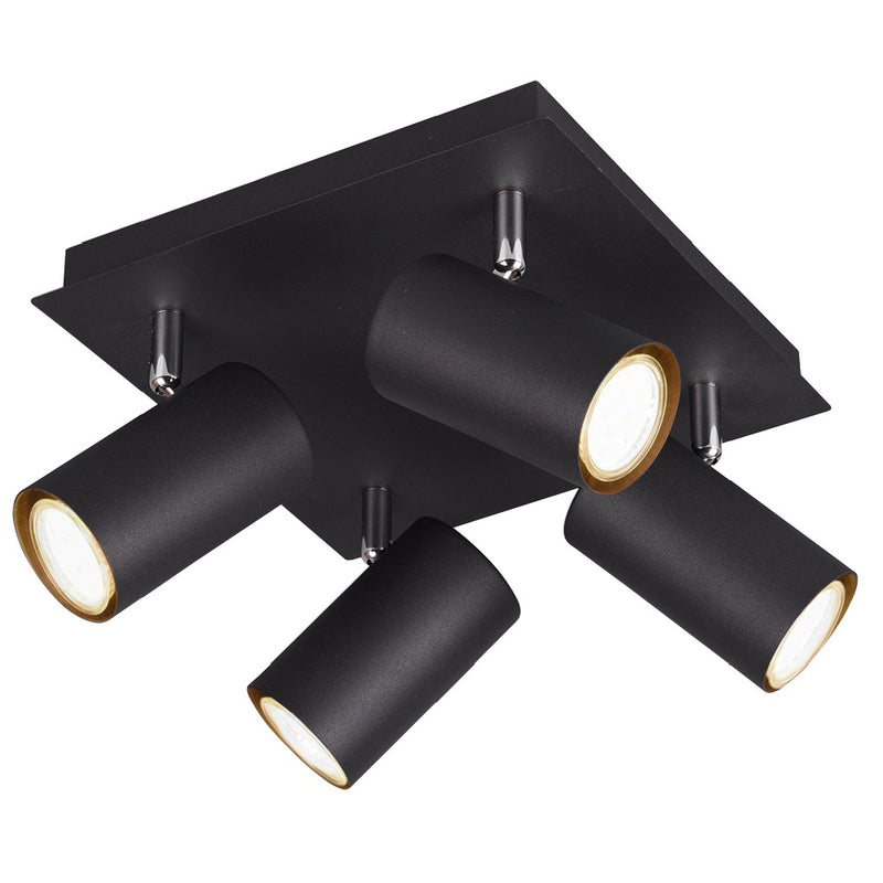 Matt Black Modern 4 Lamp Square Plate Cylindrical Head Spot Light