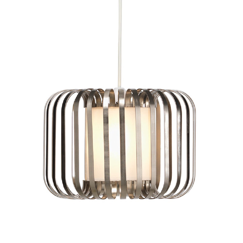 Satin Nickel Banded & White Glass Retro Easy Fit Round Pendant Shade 29cm