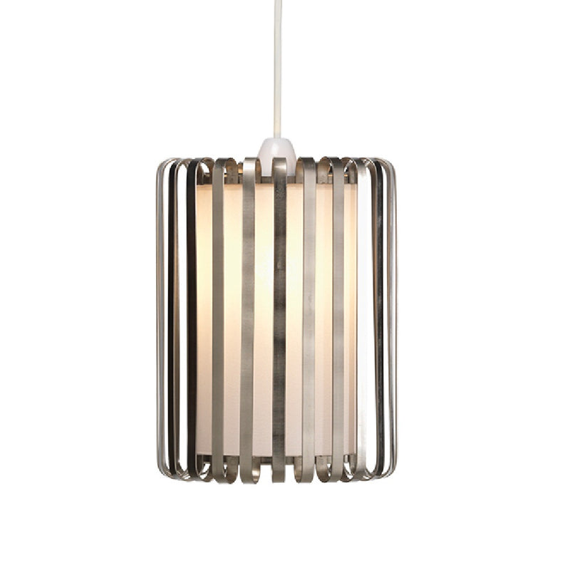 Satin Nickel Banded & White Glass Retro Cylinder Pendant Shade 19cm