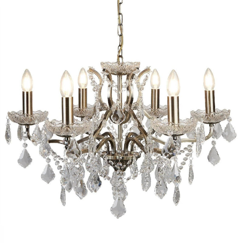 Antique Brass & Crystal Bead Traditional 6 Lamp Chandelier Light 70cm