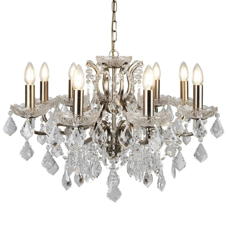 Antique Brass & Crystal Bead Traditional 8 Lamp Chandelier Light 70cm