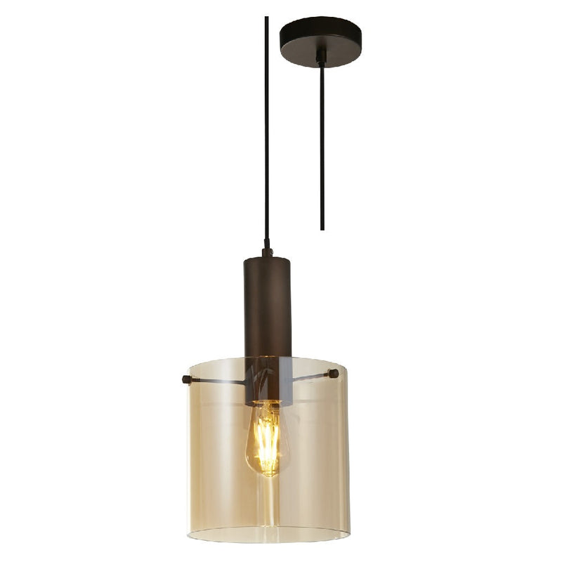 Mocha Brown & Amber Glass Cylinder Vintage Pendant Light 22cm
