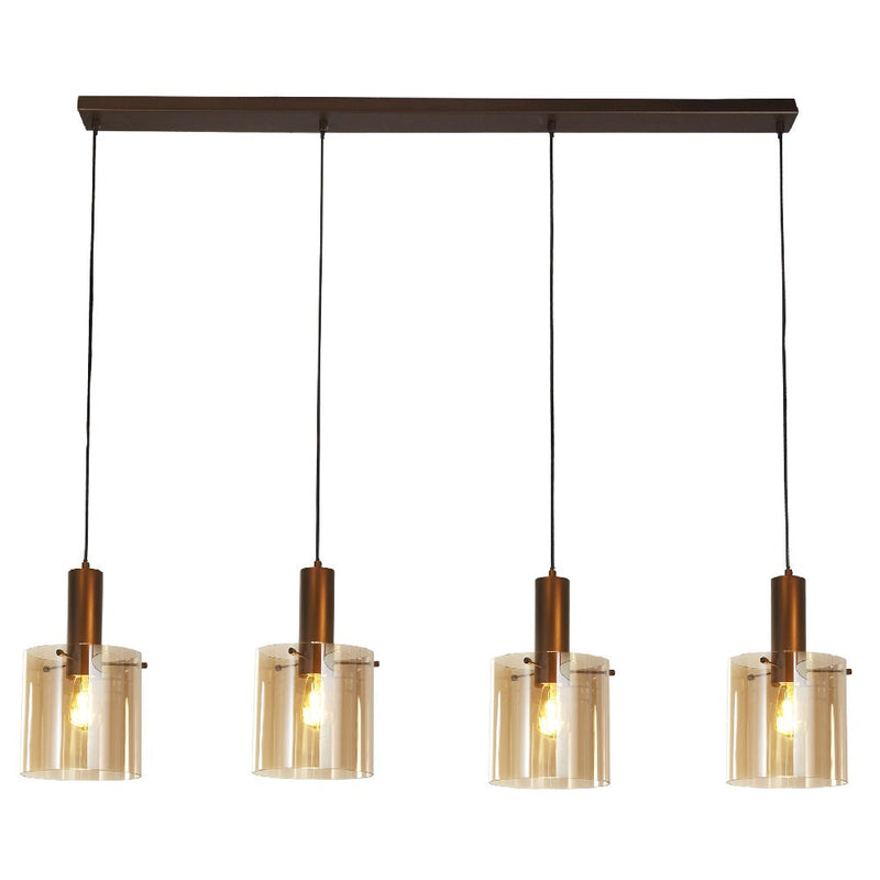 Mocha Brown & Amber Glass Cylinder Vintage 4 Lamp Bar Pendant 142cm