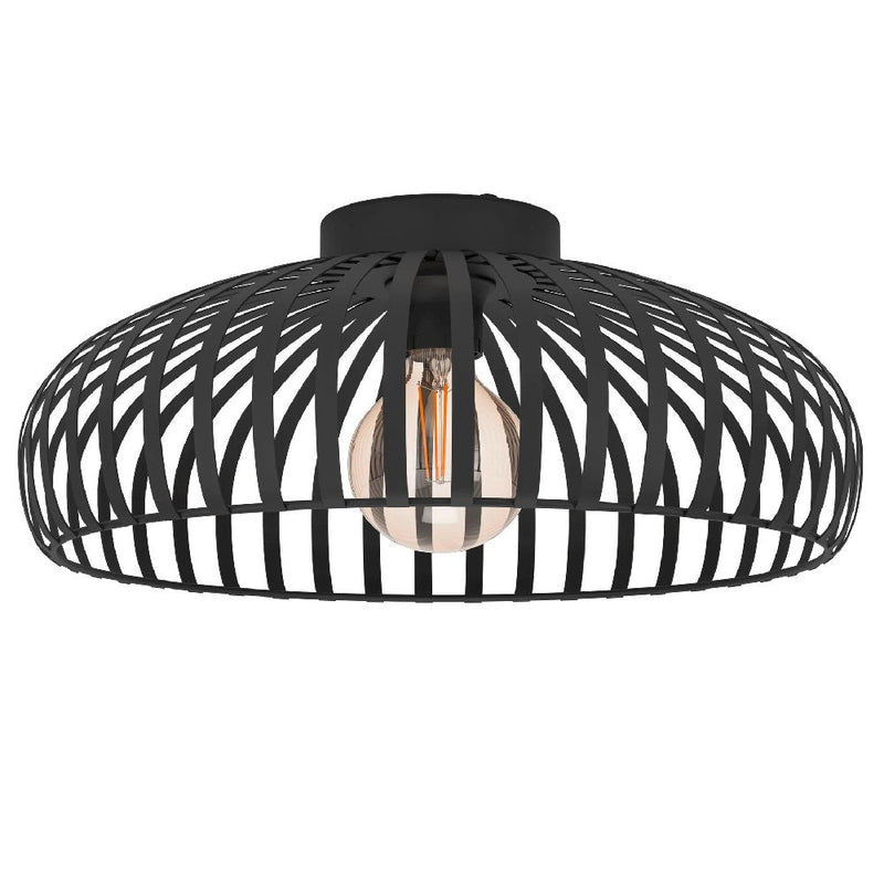 Matt Black Vintage Metal Banded Dome Flush Ceiling Light - 43cm