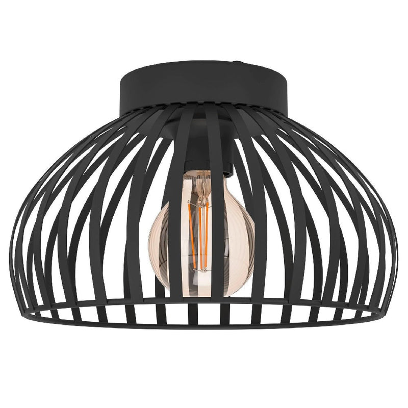 Matt Black Vintage Metal Banded Dome Flush Ceiling Light - 28cm