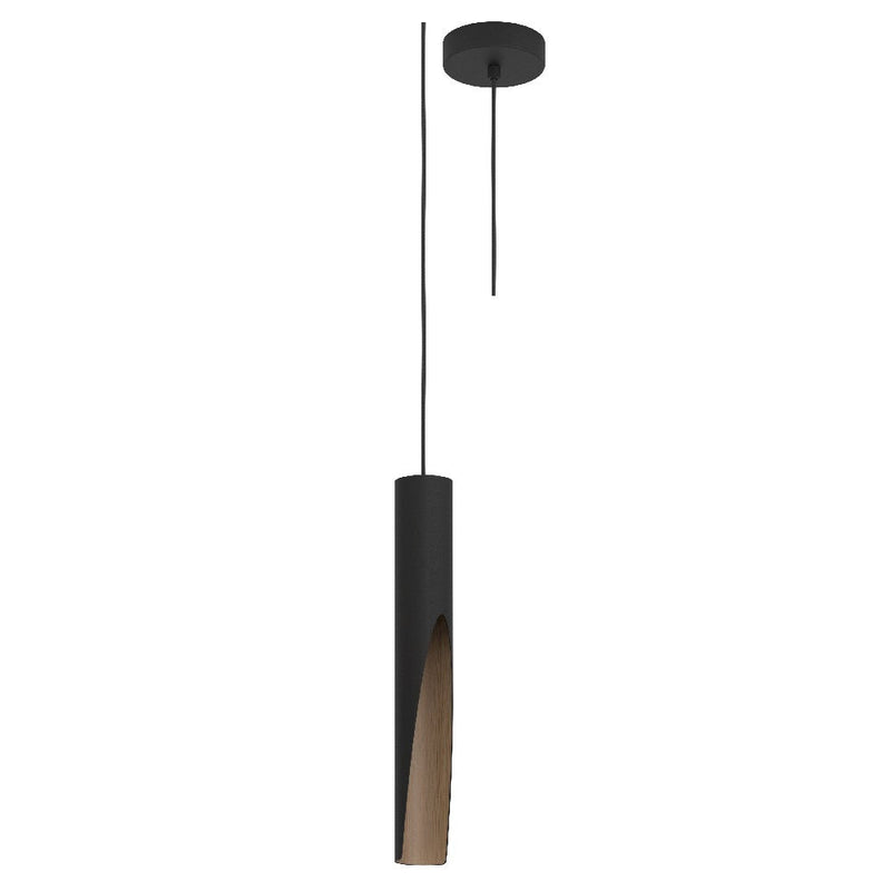 Matt Black & Wood Inner Vintage Metal Cylinder Pendant Light