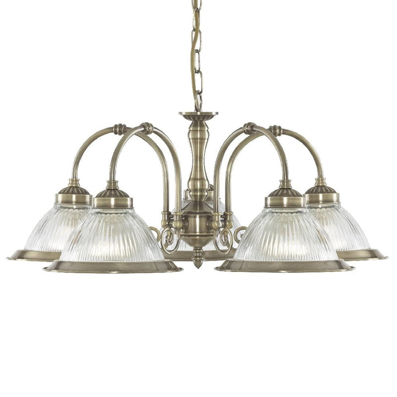 Antique Brass & Clear Ribbed Glass Vintage Dome 5 Lamp Pendant Light 62cm