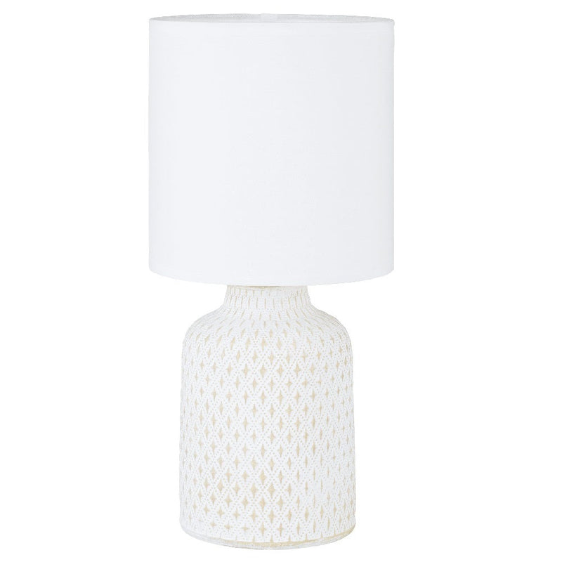 Cream Distressed Ceramic Vintage Geometric Table Lamp with White Drum Shade