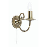 Antique Brass Single Lamp Vintage Traditional Wall Light with Pull Switch - 150mm