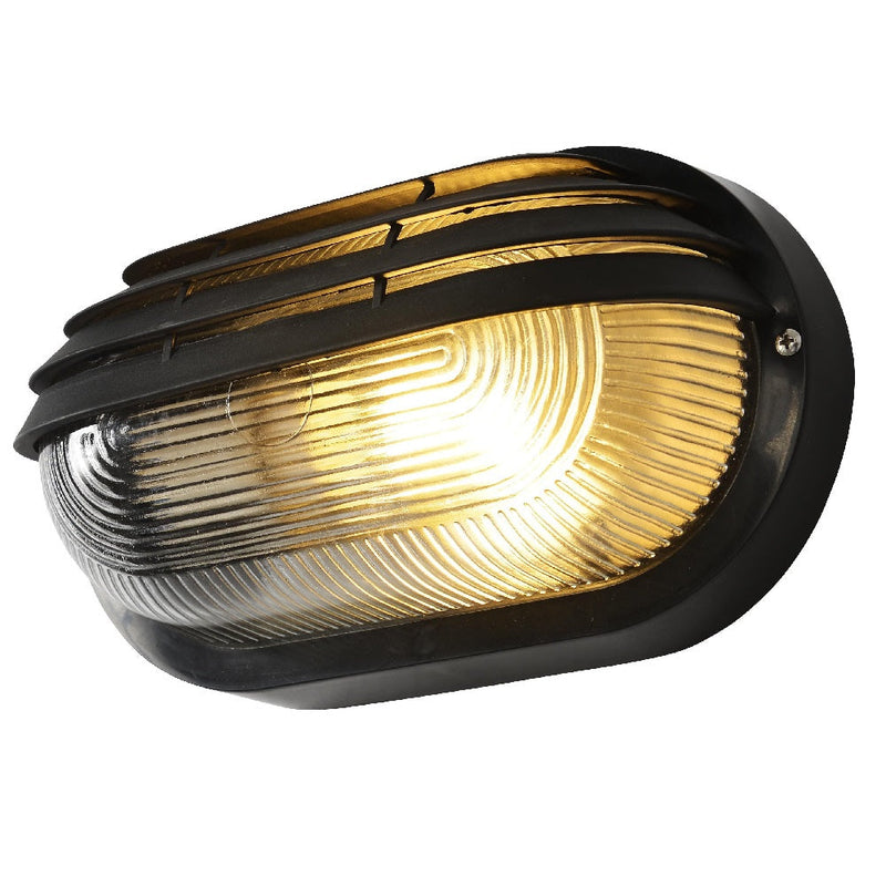 Black & Ribbed Glass Outdoor Modern Oval Bulkhead Wall Light
