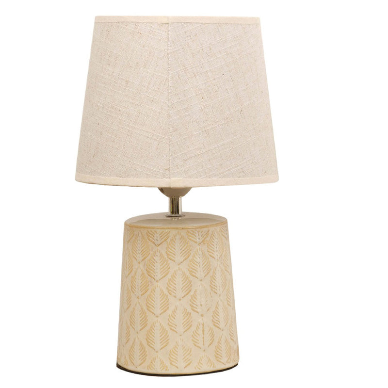 Cream Ceramic Vintage Leaf Print Tapered Cylindrical Base Table Desk Lamp with Beige Linen Lampshade