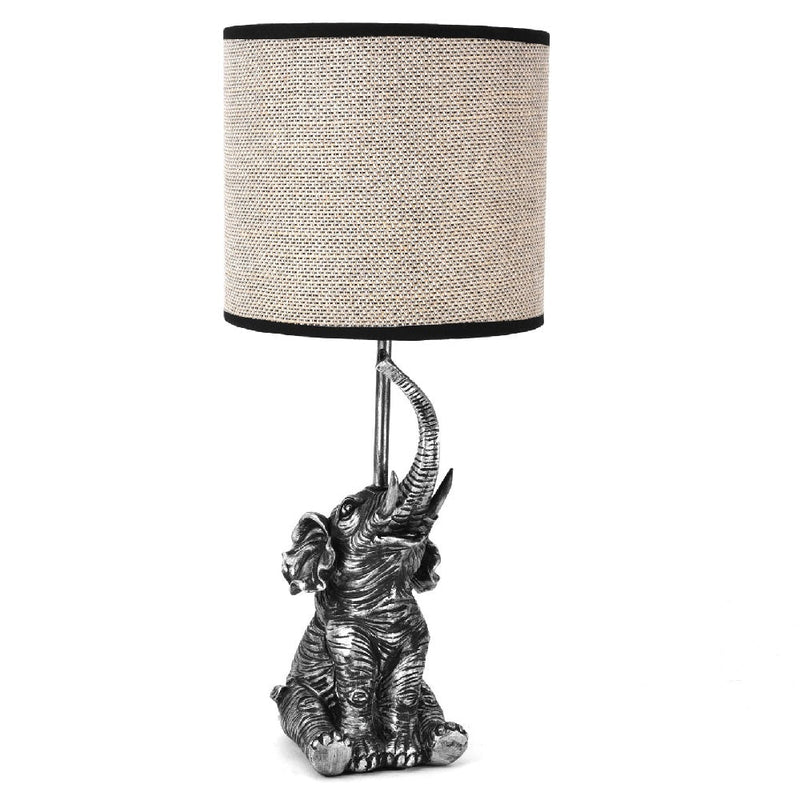 Antique Silver Sitting Elephant Sculpture Vintage Table Lamp with Drum Shade