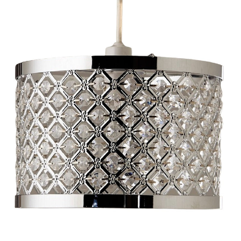 Polished Chrome Metal & Acrylic Beads Modern Easy Fit Drum Shade 26cm