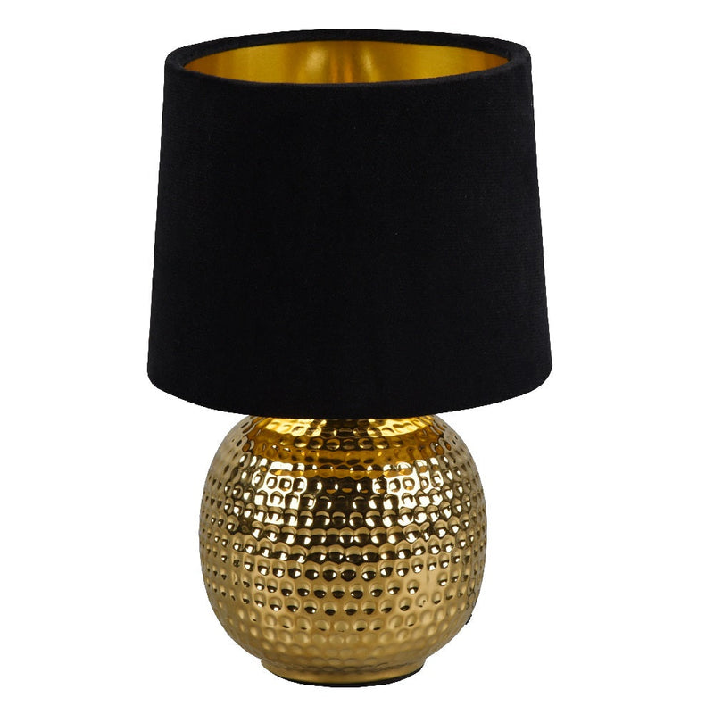 Gold Ceramic Hammered Globe Table Lamp with Black Velvet Shade