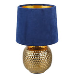 Gold Ceramic Hammered Globe Table Lamp with Blue Velvet Shade