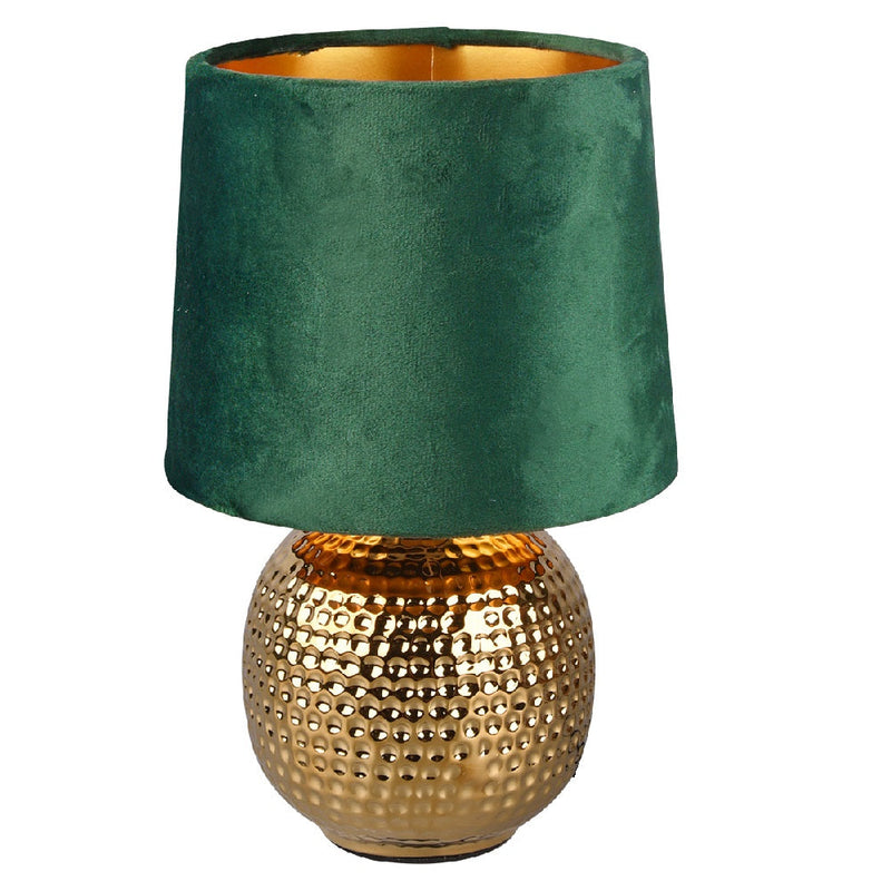 Britalia BR50821015 Gold Ceramic Hammered Globe Table Lamp with Green Velvet Shade 26cm