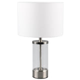 Matt Nickel & Clear Glass Vintage Cylinder Table Lamp with White Shade 33cm