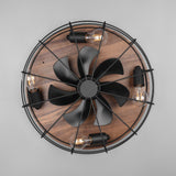 Black & Wood Vintage Round 48cm Ceiling Fan Light