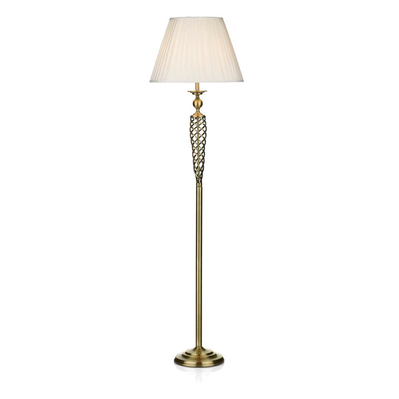 Antique Brass Open Metalwork Floor Lamp with White Shade