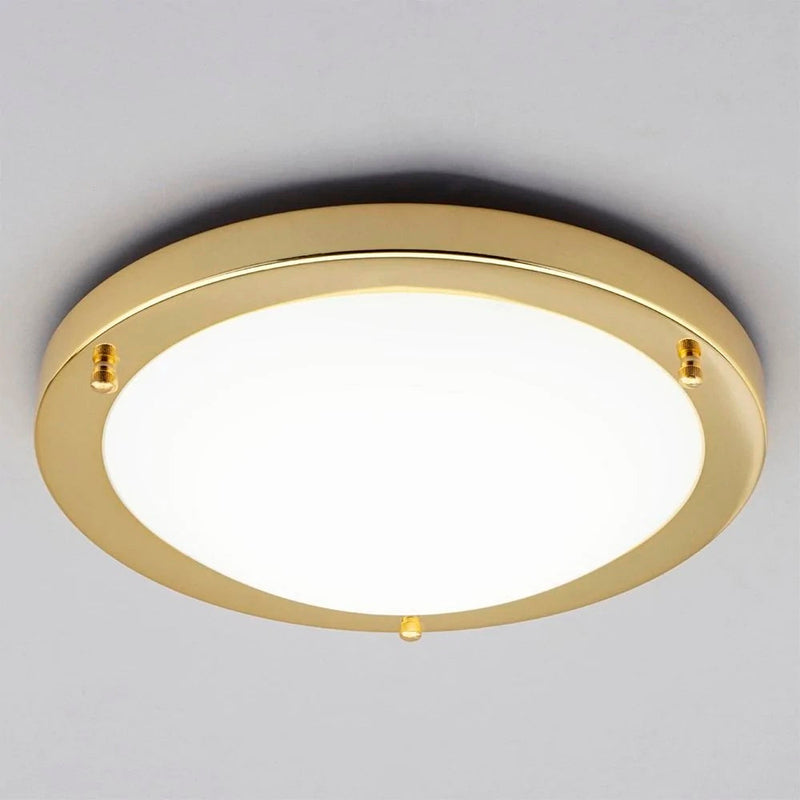 Shiny Brass & White Glass Round Bathroom Flush 310mm