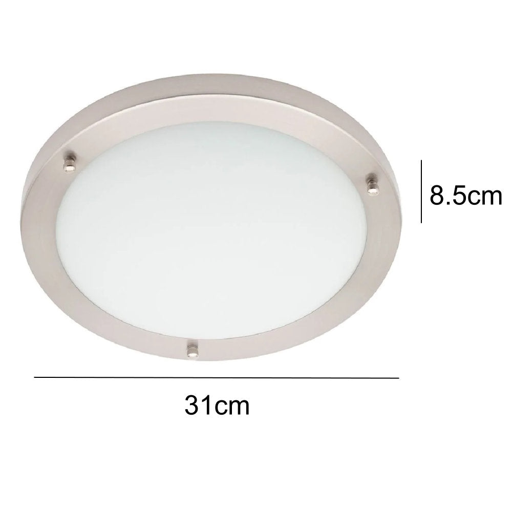 Satin Nickel Round Bathroom Ceiling Light Flush 31cm