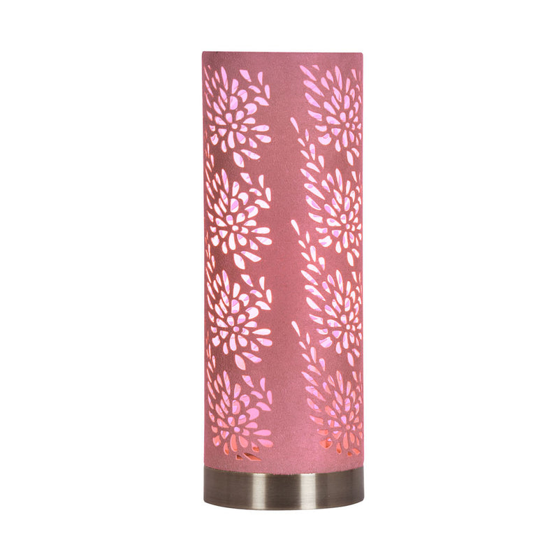 Pale PInk & Antique Brass Floral Etch Cylindrical Touch Table Lamp