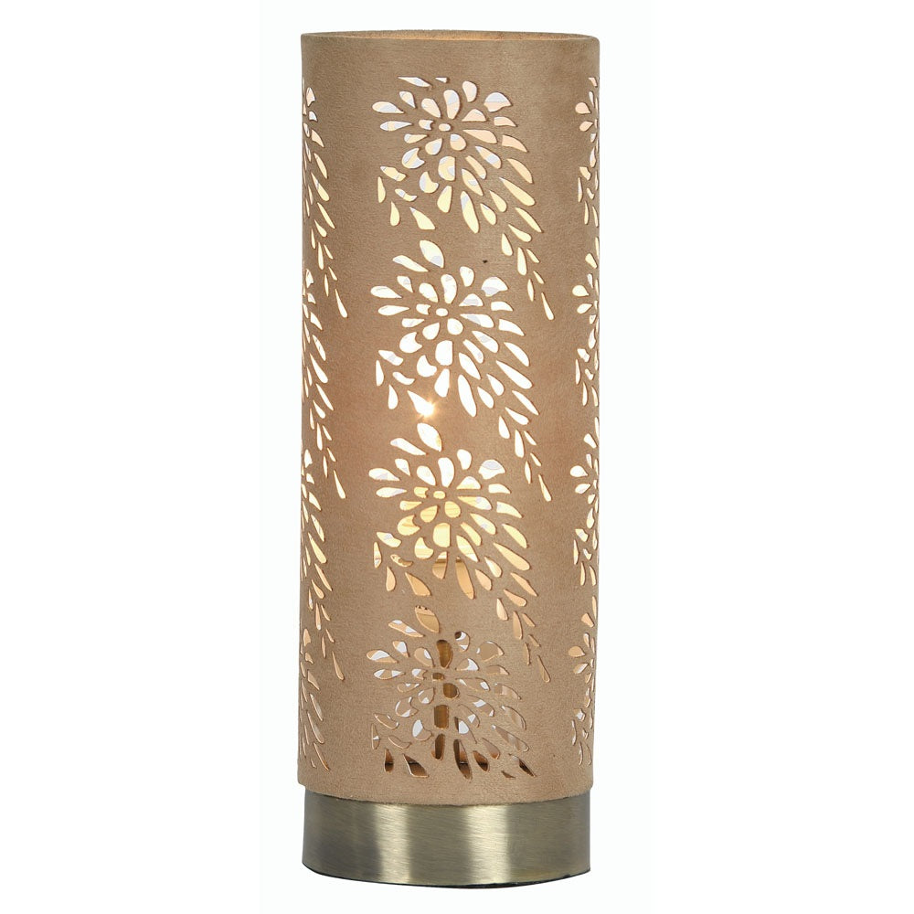 Beige & Antique Brass Floral Etch Cylindrical Touch Table Lamp